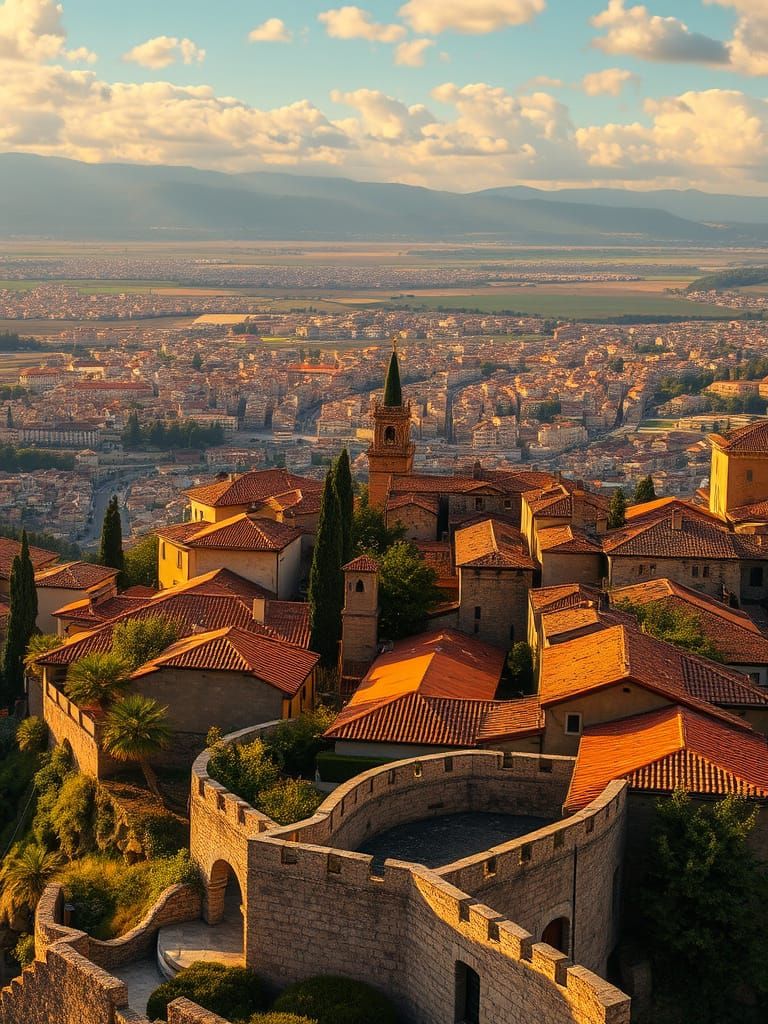 Village Hilltop Cityscape in Warm Golden Light