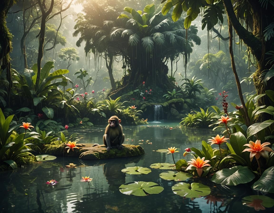 Monkey in Tropical Forest Pool