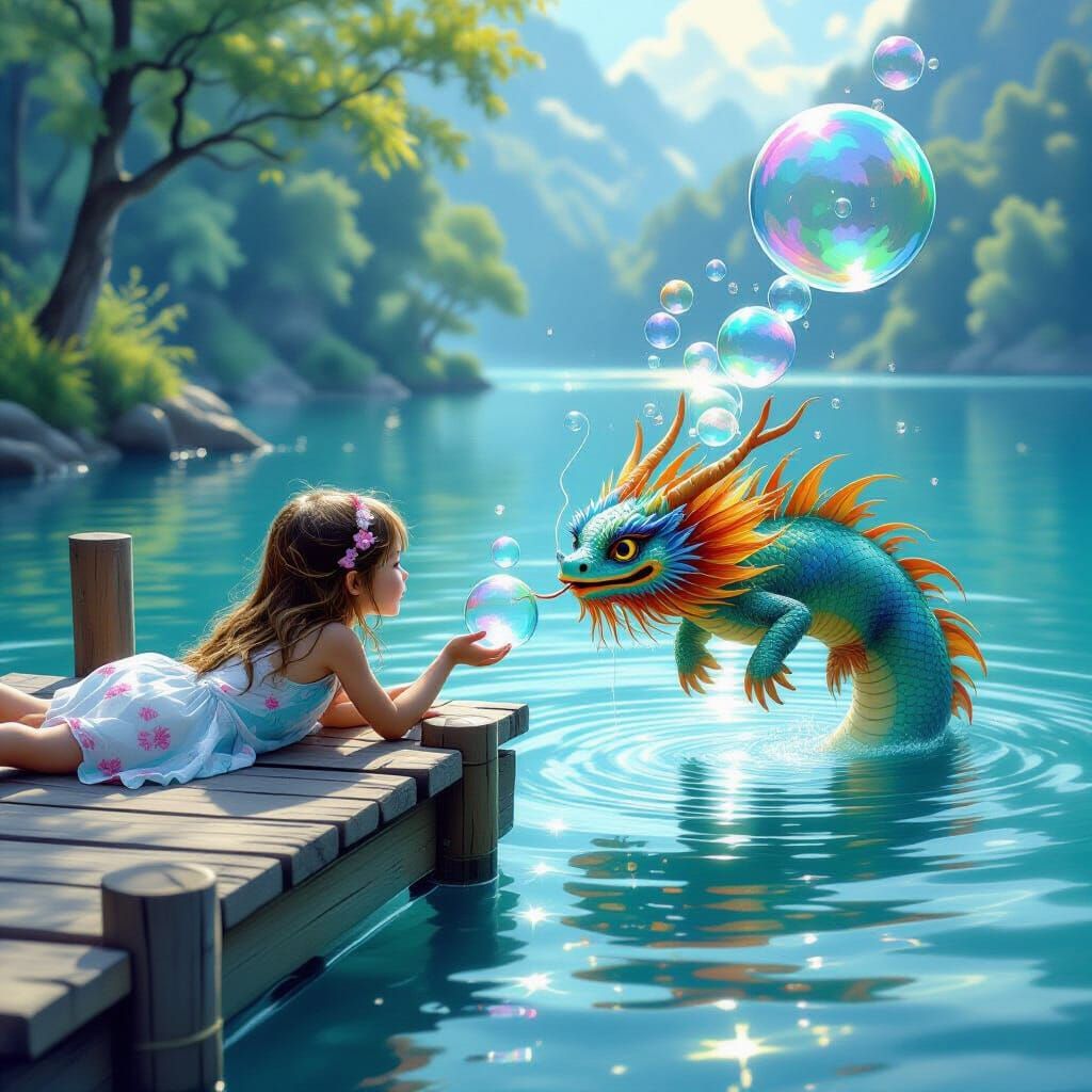Girl and Sea Dragon in Summer Afternoon
