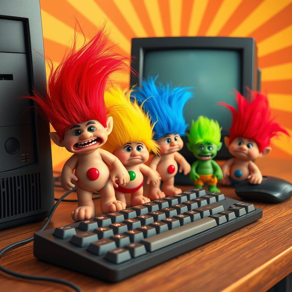 Troll Dolls Attack a Computer: 3D Digital Art