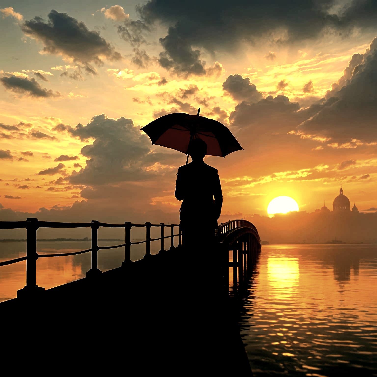 Sunset Over Bridge with Red Umbrella