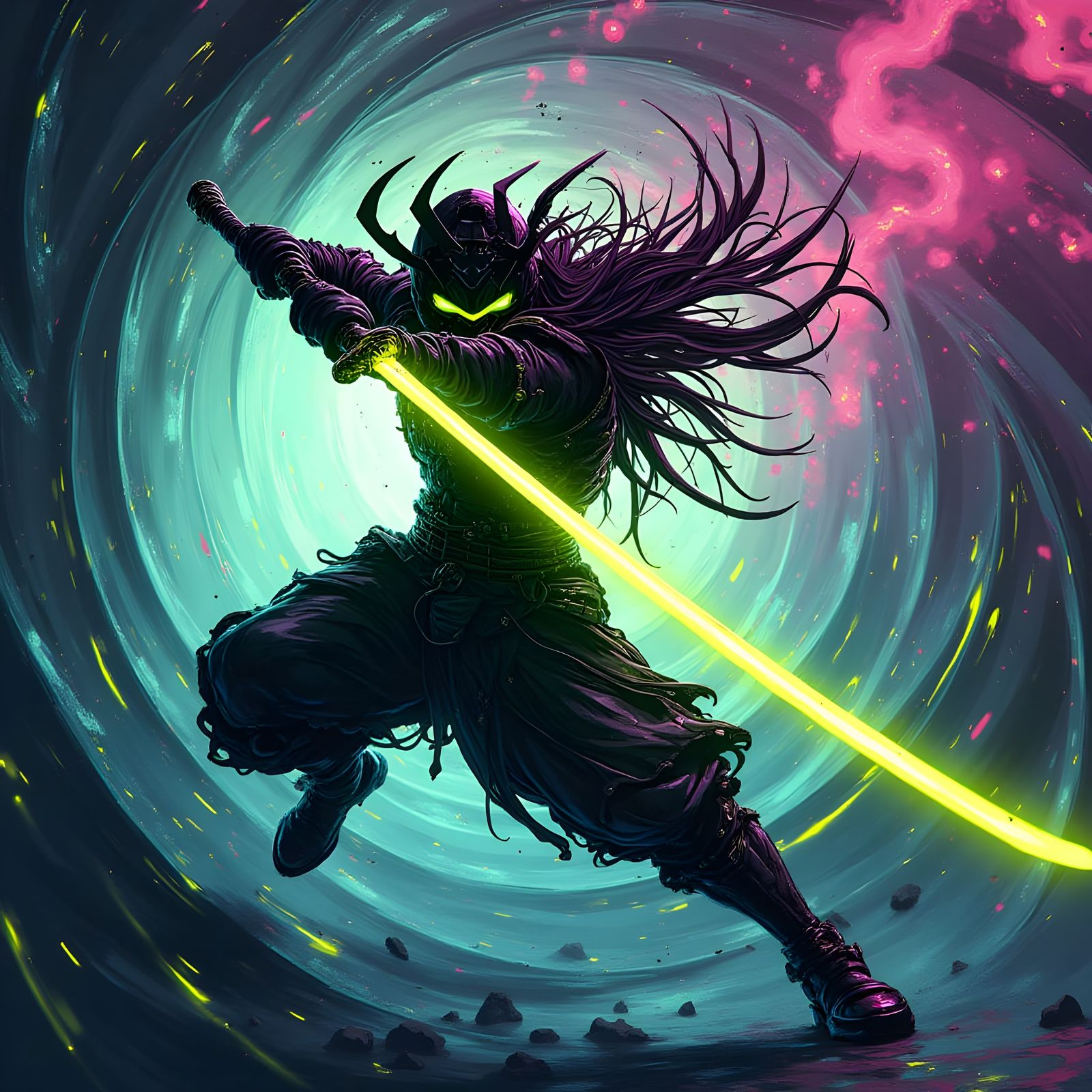 Cyber Samurai in Neon-Lit Vortex