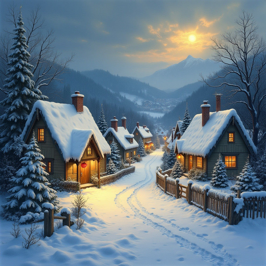 Christmas Village in Watercolor Painting Style