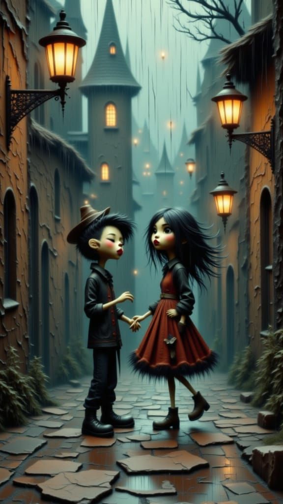 Whimsical Siblings Dancing in Rain in Burtonesque Style