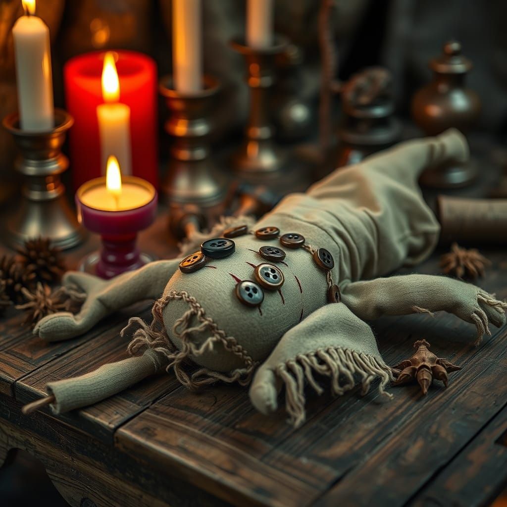 Voodoo Doll with Candles and Herbs, Macro Photography