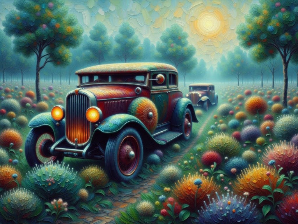 Dreamlike Car Arrives in Cyberpunk Landscape