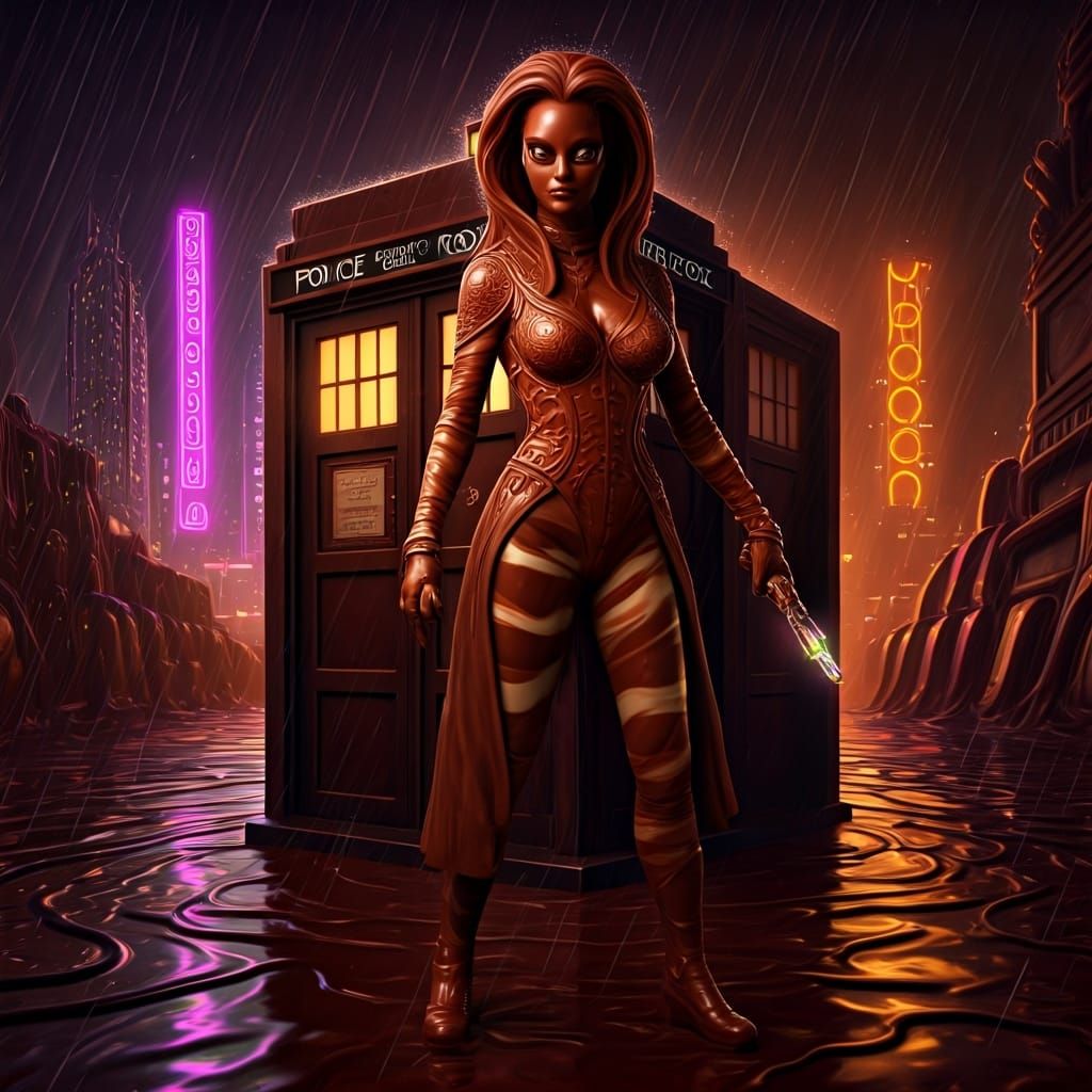 Chocolate Woman in Neon City with Chocolate TARDIS