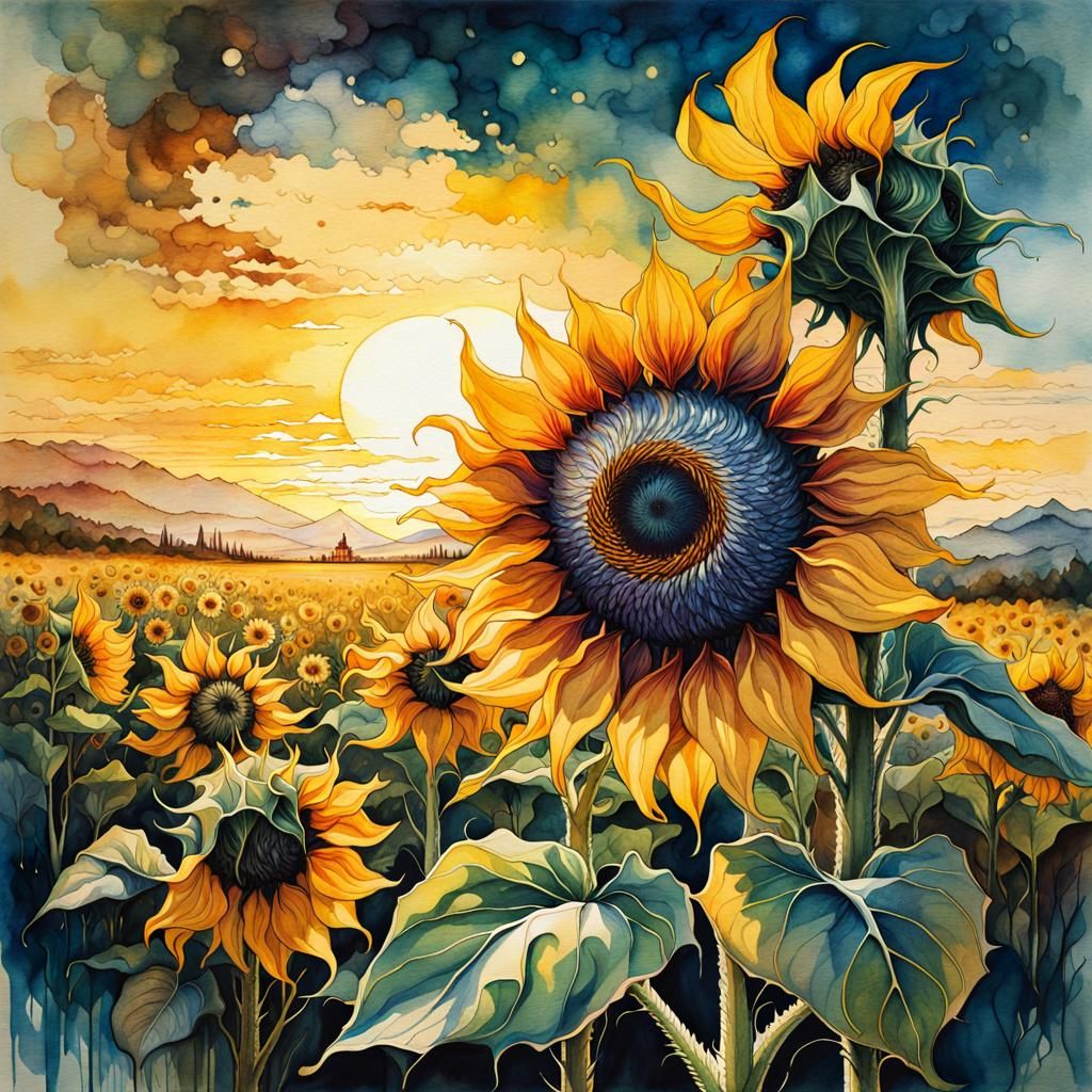 Epic Sunflower Watercolor Illustration in Golden Hour