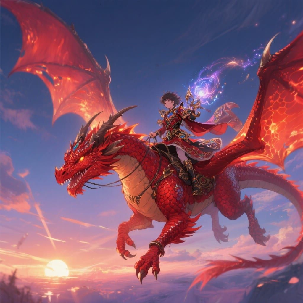 Red Dragon Soars Through Twilight Sky with Magic-Clad Rider