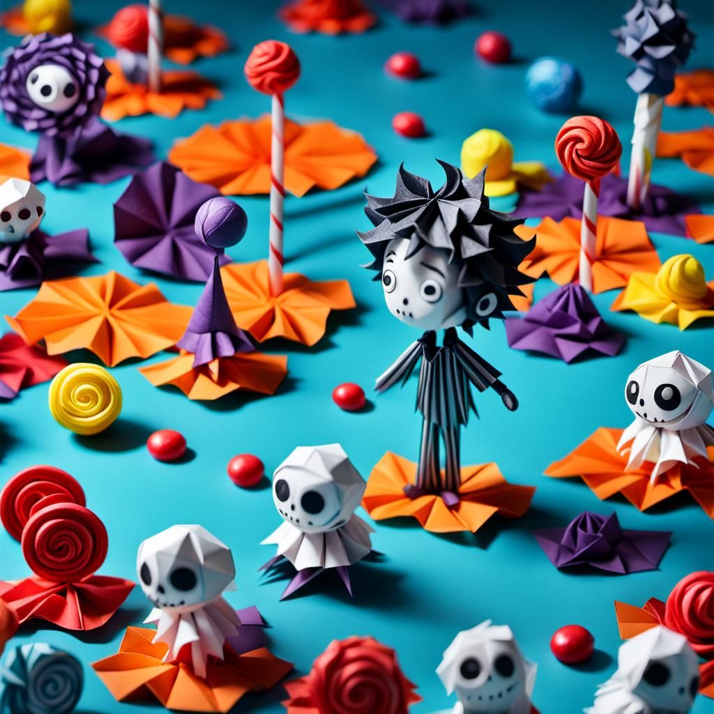 Spooky Tim Burton Candy Origami in Hyperrealistic Style