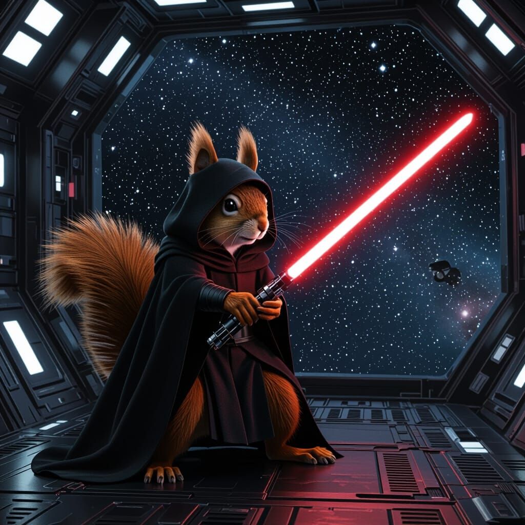 Sith Squirrel Wields Lightsaber in Sci-Fi Scene