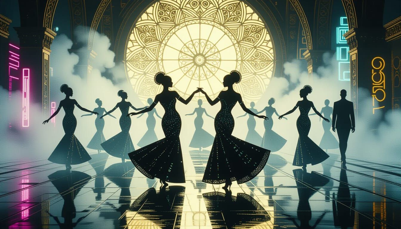 Cyberpunk Waltzers in Neon Fog