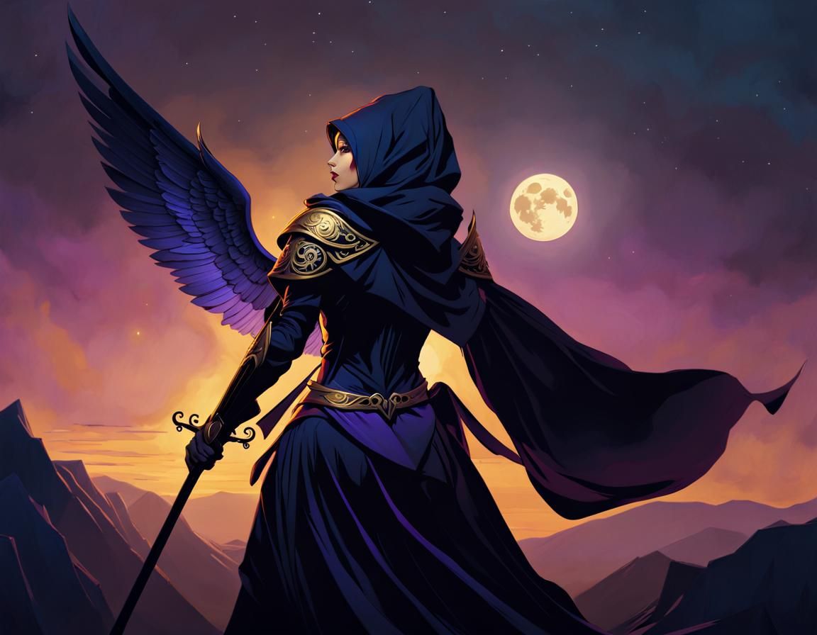 Dark Angel with Moon, in Art Nouveau Style