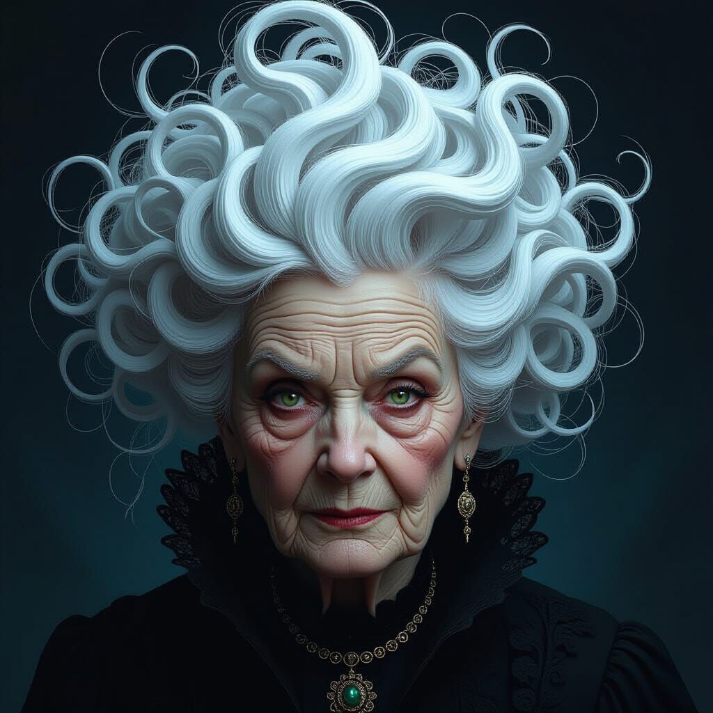 Sinister Old Woman With Crown of Swirly White Hair