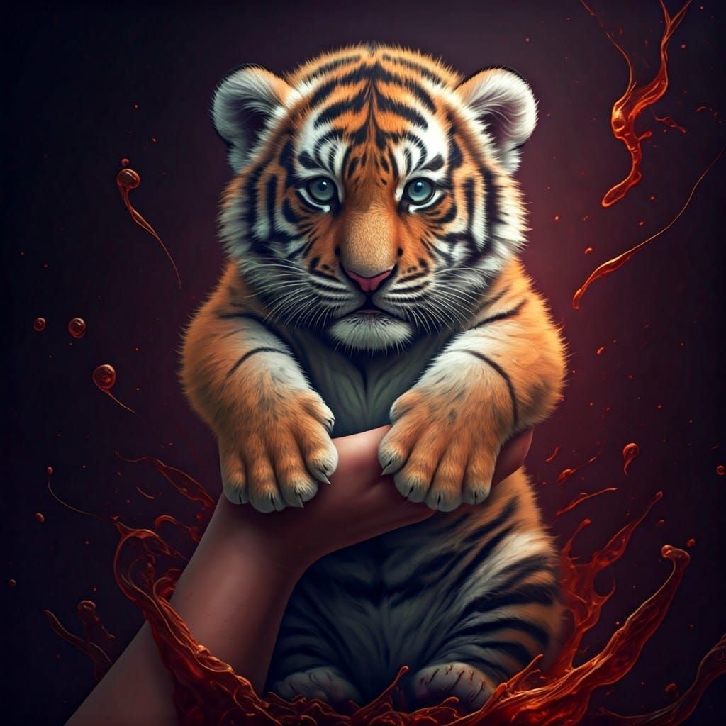 A Baby Tiger in My Hand - Detailed Fantasy Art