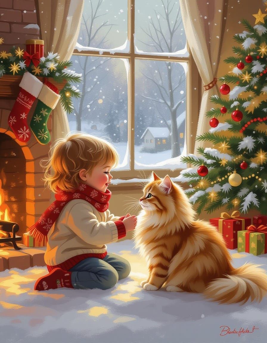 Child Plays With Ginger Cat By Fireplace in Snowy Christmas ...
