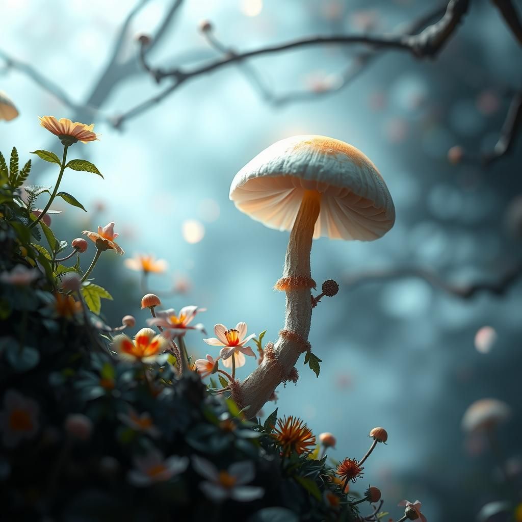 Bioluminescent Mushroom Floating in Mystical Forest