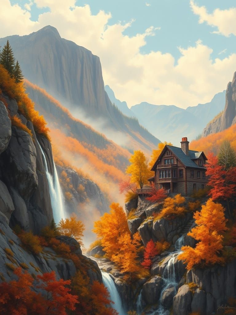 Autumn Cliffside House with Waterfalls and Mountains