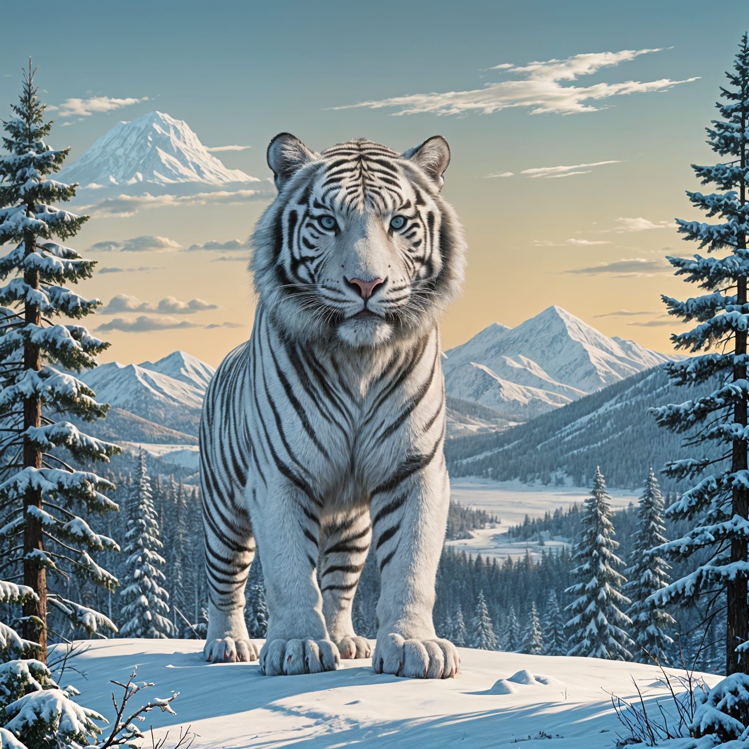 Winter White Tiger in Majestic Landscape