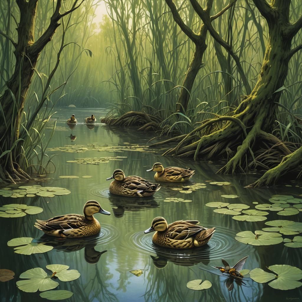 Ducks and Ducklings in Pond, Dramatic Horror Style