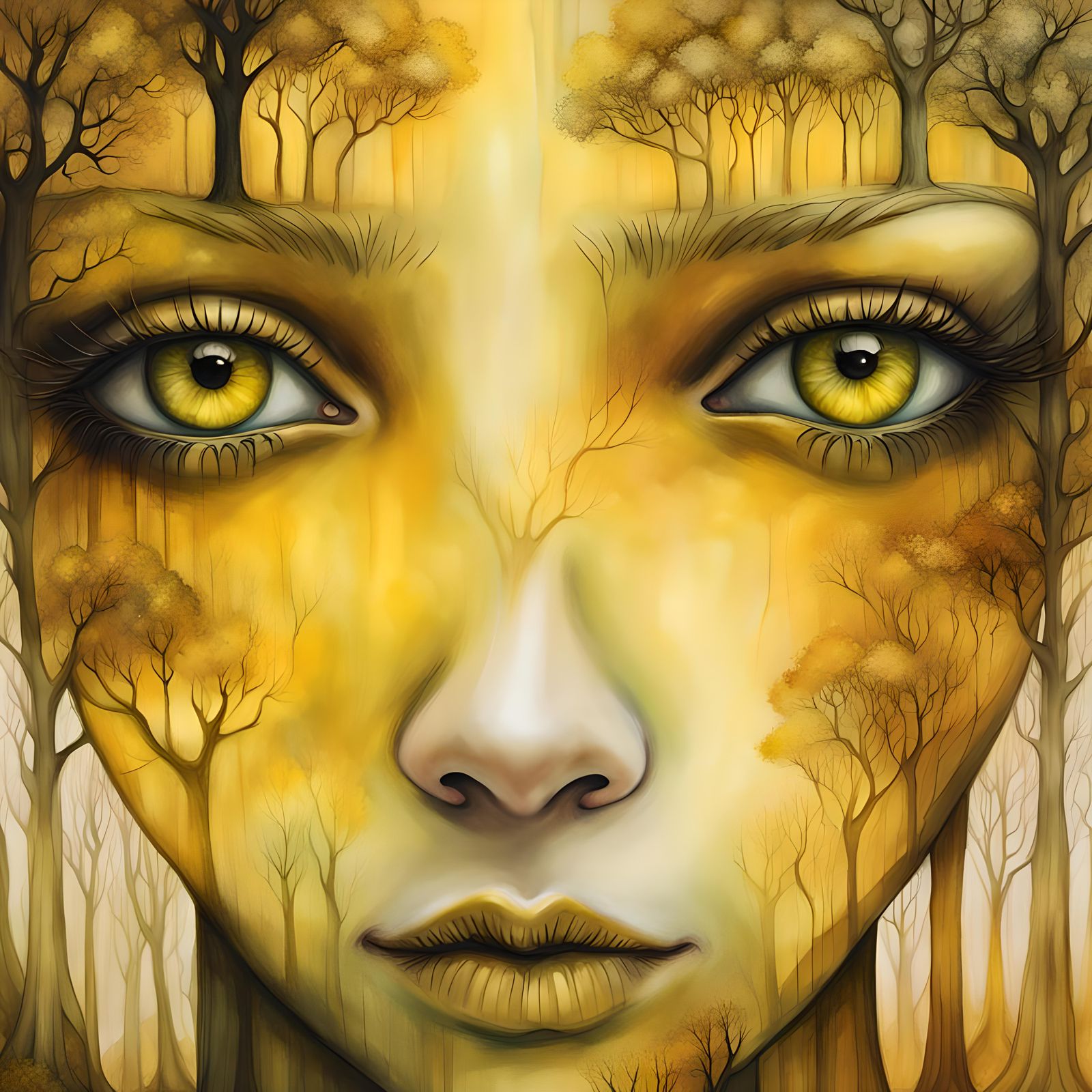 Surreal Portrait in Moody Yellows: Dreamscape Forest