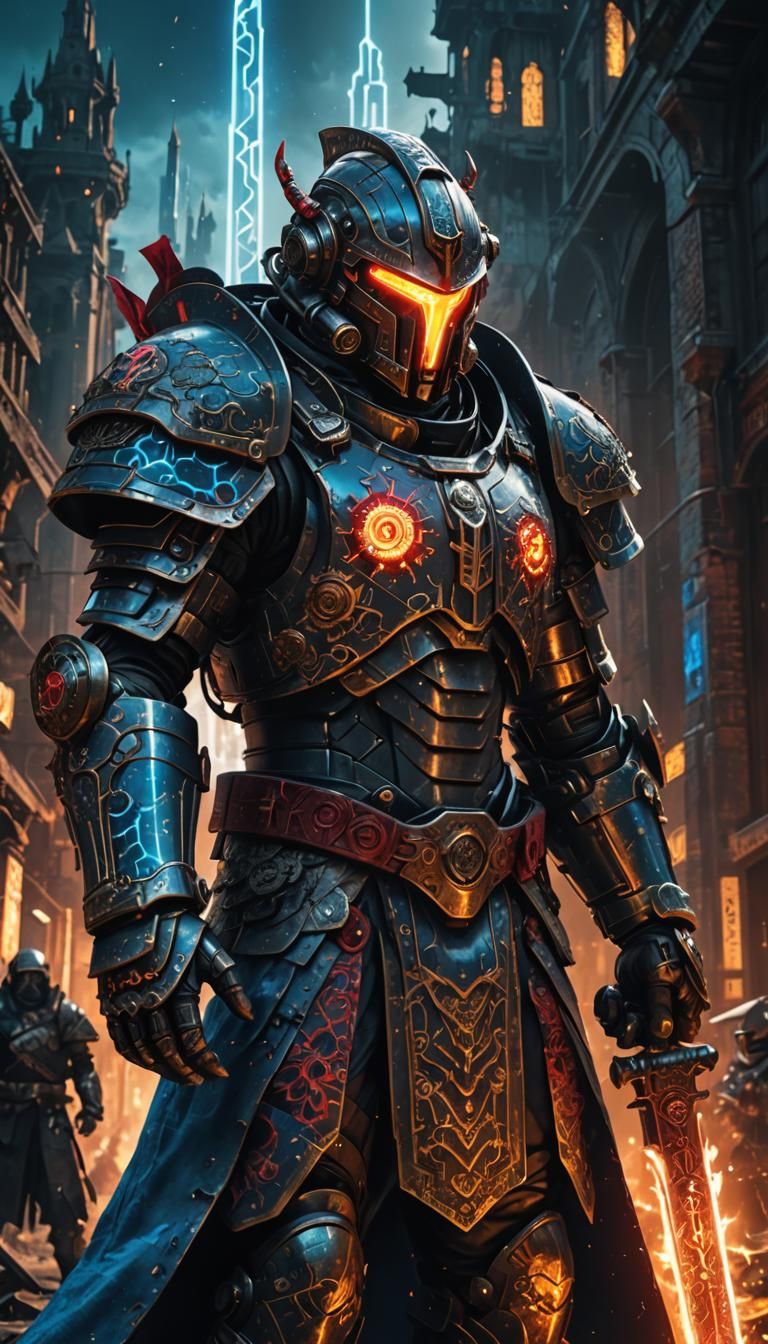 Cyberpunk Priest with Firesword in Ruined City