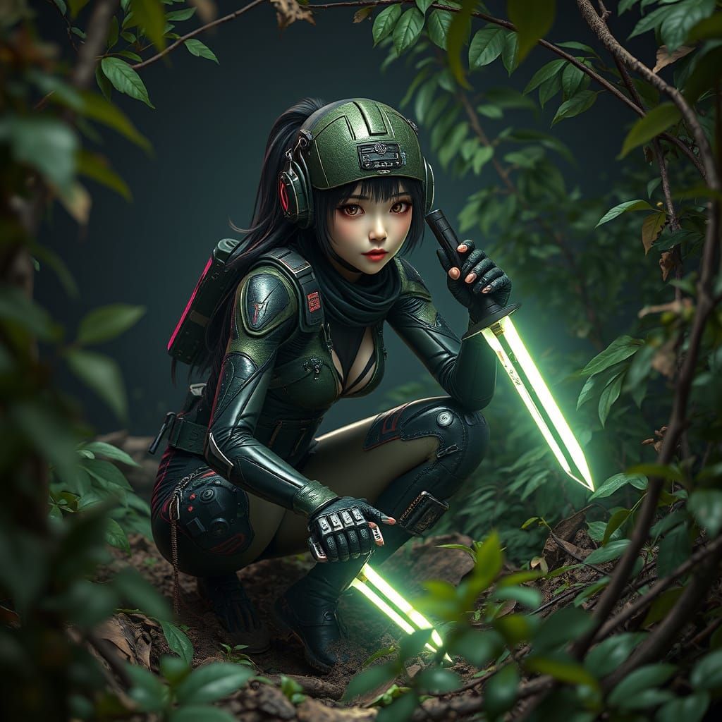 Glowing Cyberpunk Warrior in Forest Shadows