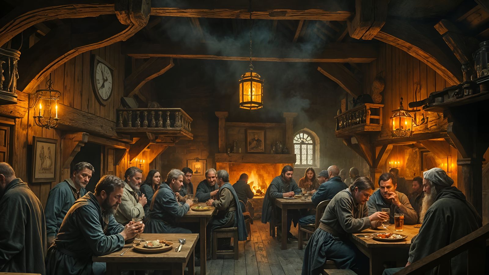 Medieval Tavern Scene in Dimly Lit Rustic Ambiance
