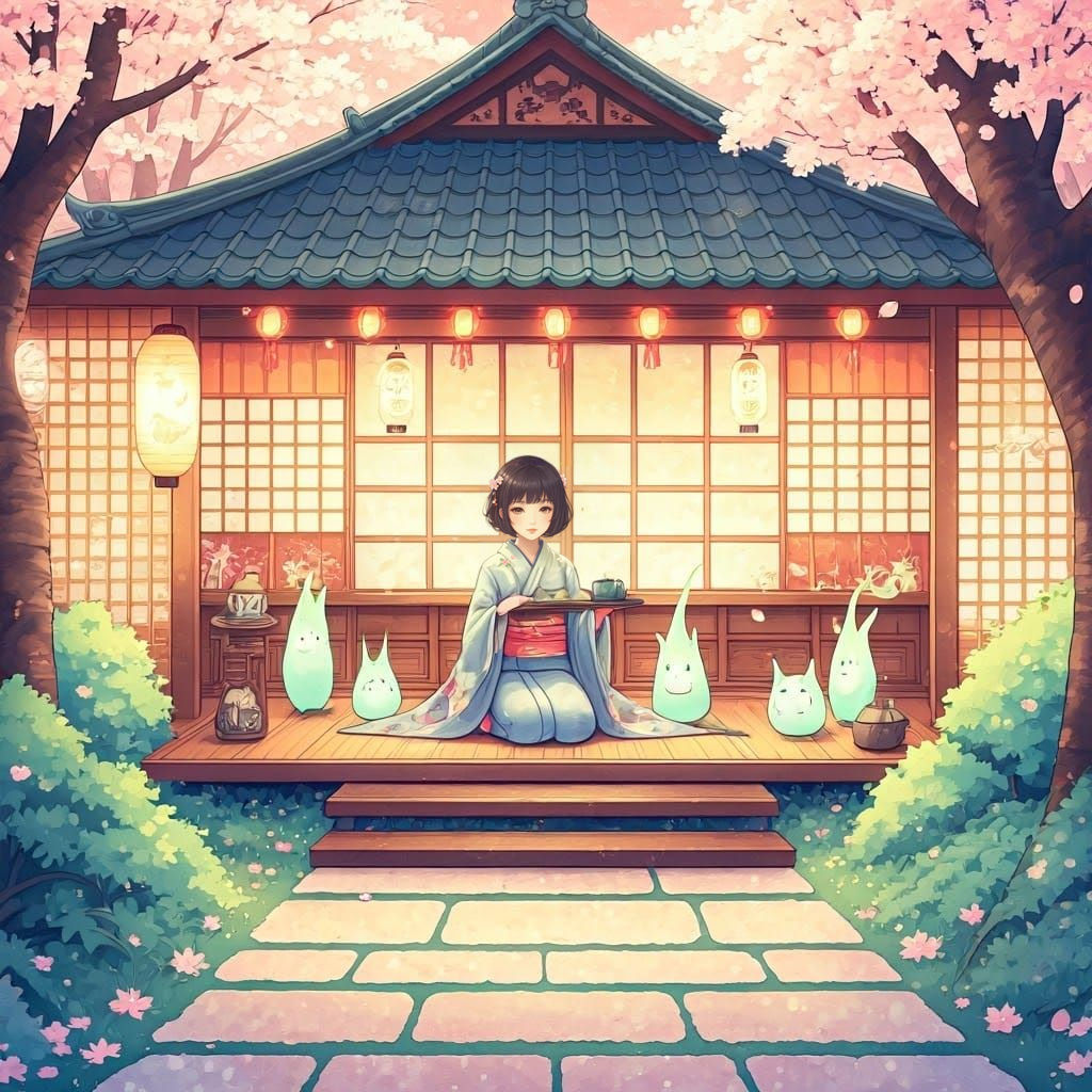 Serene Anime Tea House Amidst Cherry Blossoms