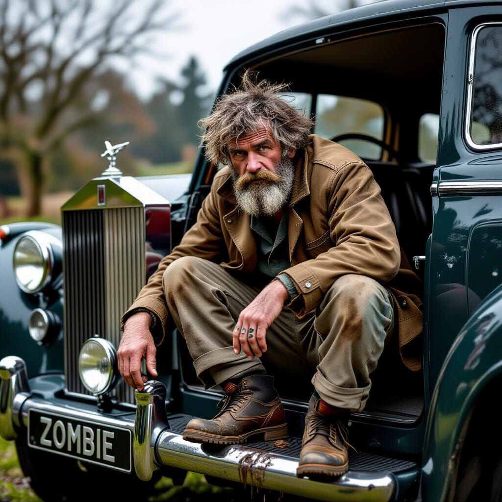 Filthy Tramp Climbs into Vintage Rolls Royce