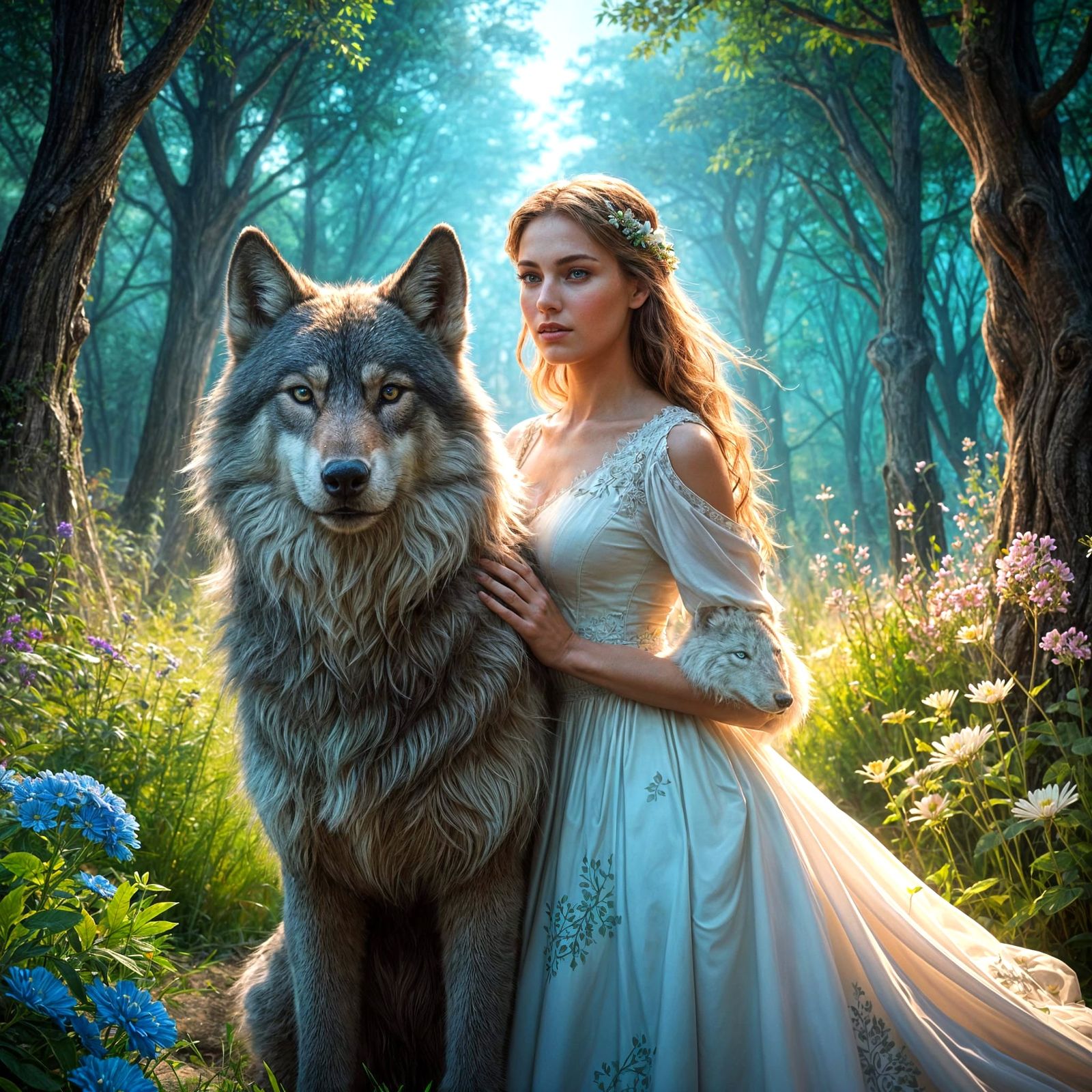 Elegant Lady Comforts a Majestic Brown Wolf in a Fantastical...