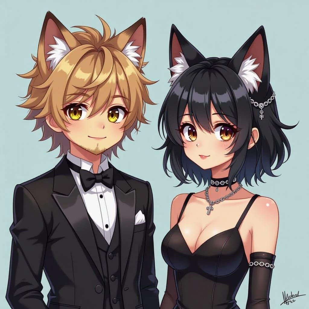 Rebel Wolf Boy in Black Tuxedo with Pixie Cut Companion