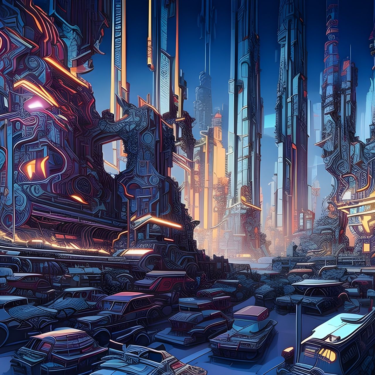 Cyberpunk Cityscape: Maximalist Photoillustration