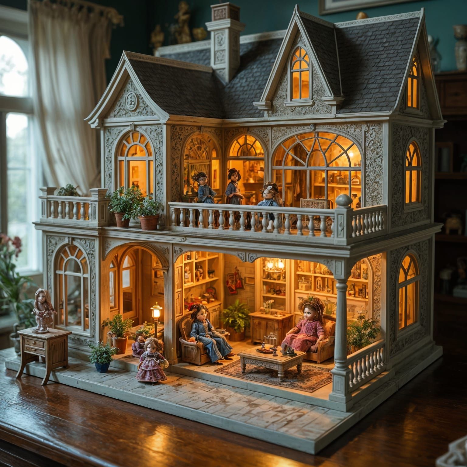 Victorian Dollhouse with Miniature Family, Hyperrealistic Ar...