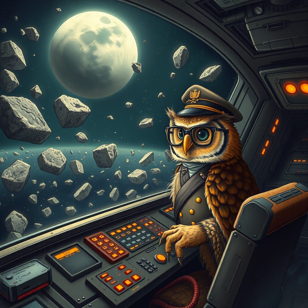 Wise Owl Captain Navigates Asteroid Field in Vintage-Futuris...