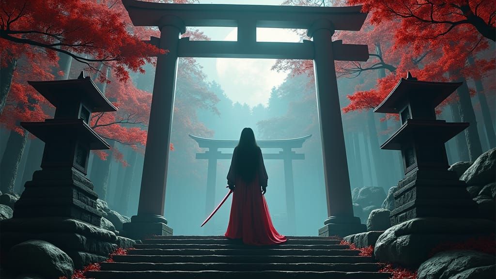 Eerie Shrine Maiden with Sword in Japanese Horror Style