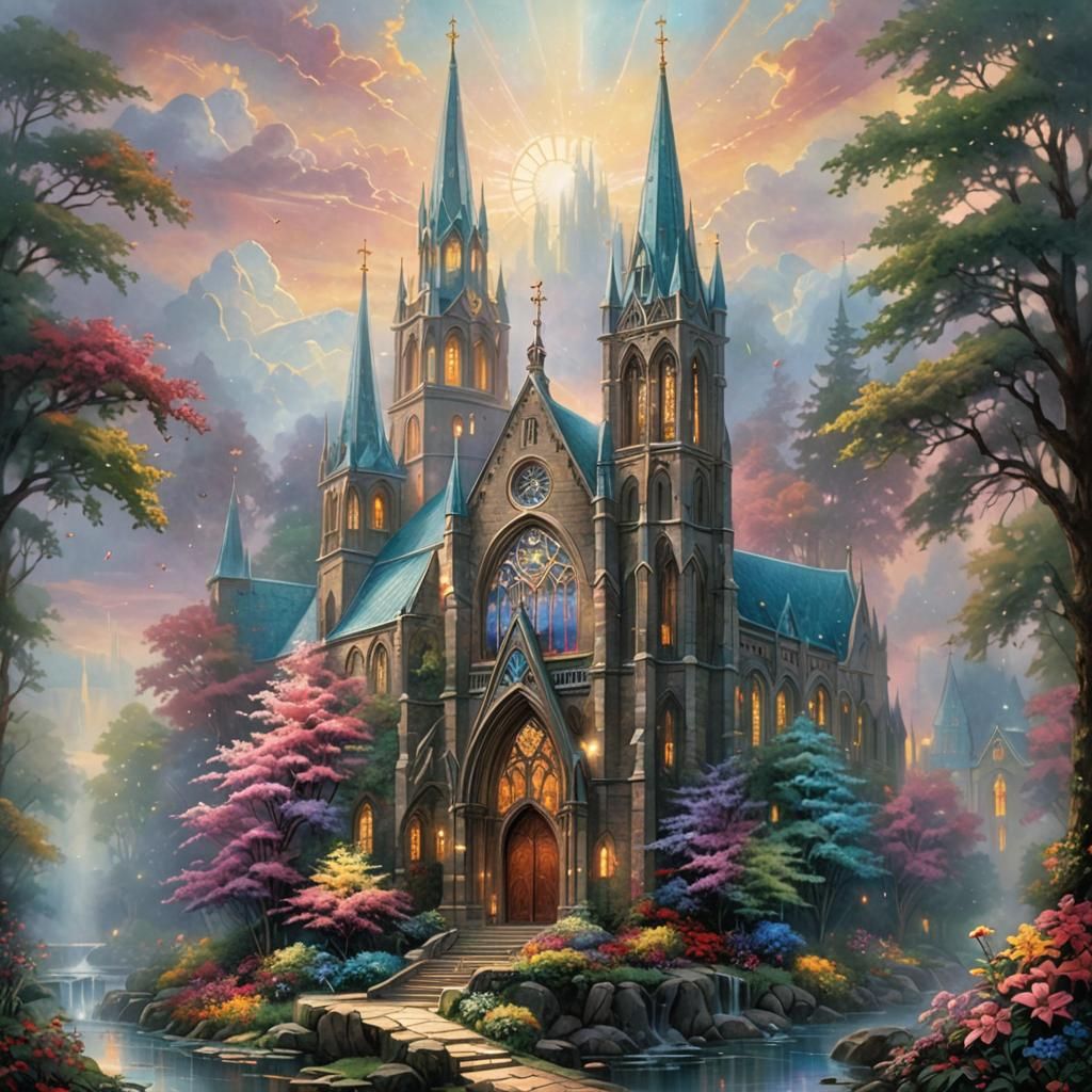 Stained Glass Cathedral with Bleeding-Heart Flower