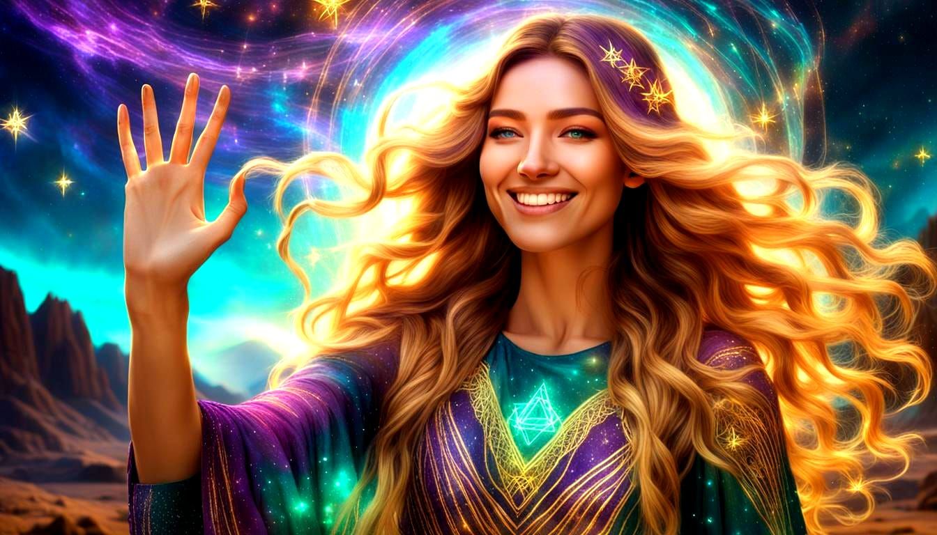 A starseed sorceress who is an extremely beautiful and smili...