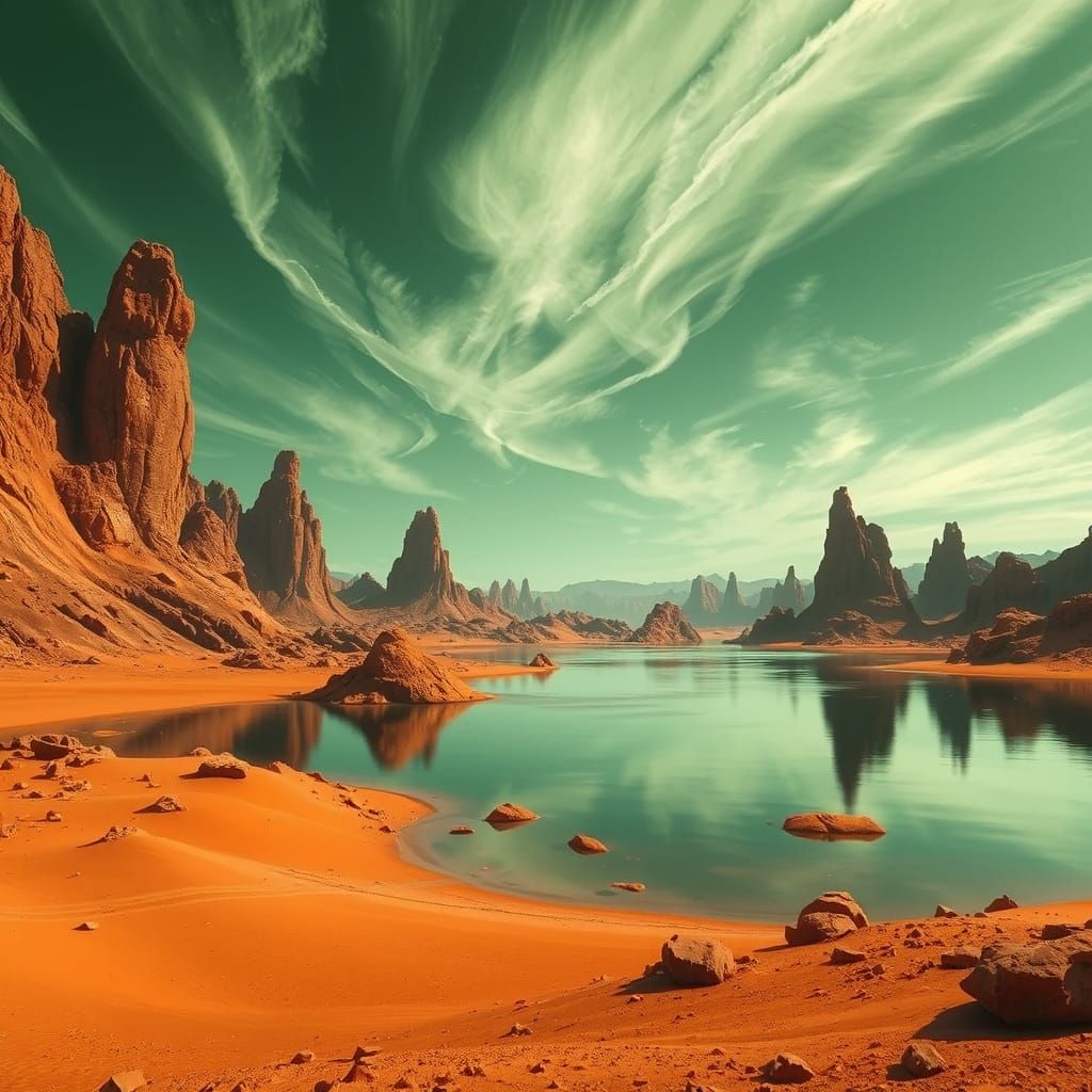 Serene Alien Lakefront with Vibrant Green Sky and Jagged Ora...