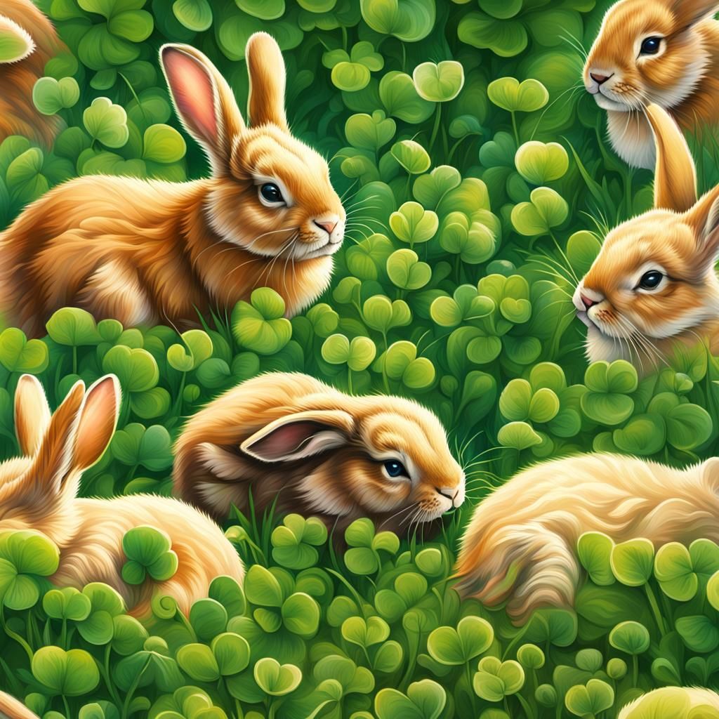 Baby Bunnies Napping in Clover Meadow: Hyperrealistic Art