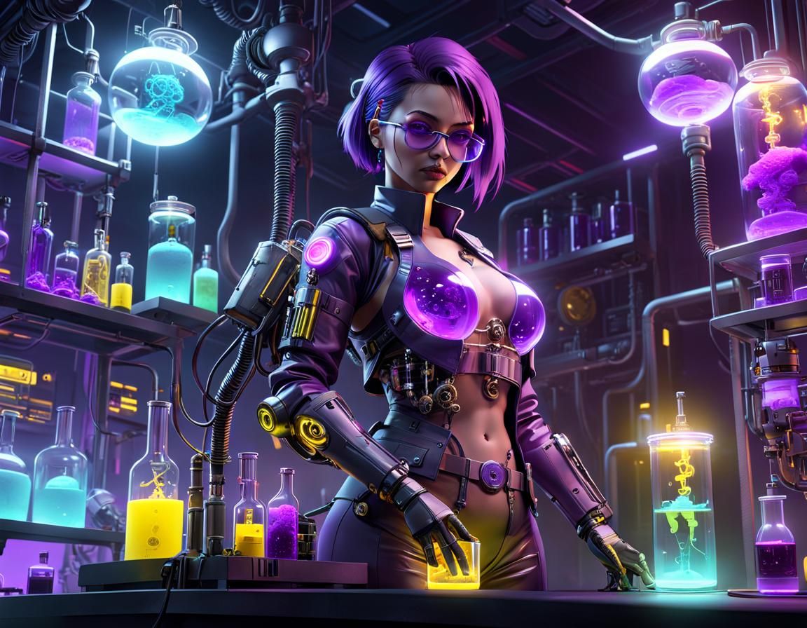 Cyberpunk Scientist with Prosthetic Arm Concept Art