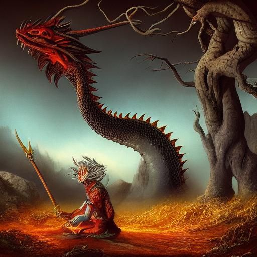 Surreal Dragon Emerges from Barren Landscape in Triadic Colo...