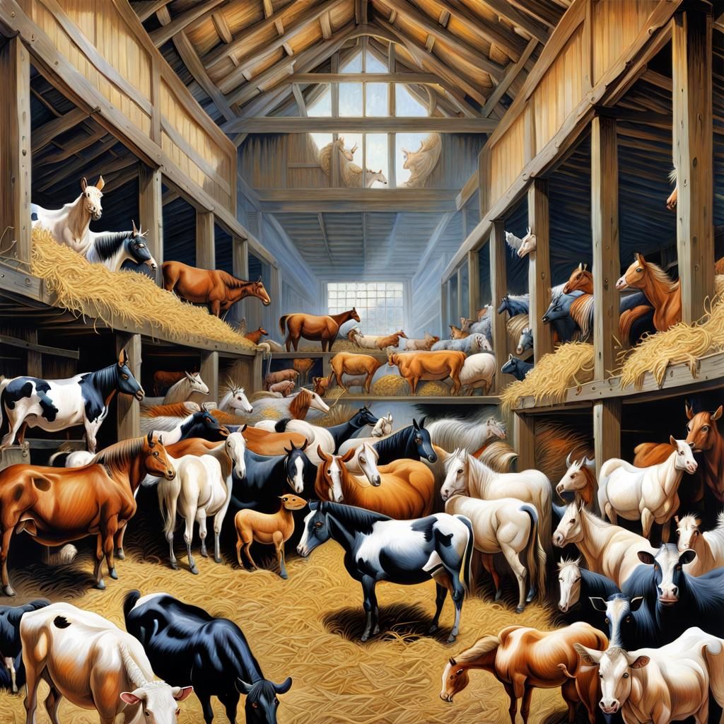 Maximalist Farm Animals in Crowded Barn Painting