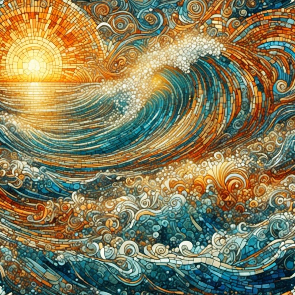 <lora:mosaicify:1.0> Mosaic of the large sun with sunbeams stretching  out to the land intricate details. Geometric desi...