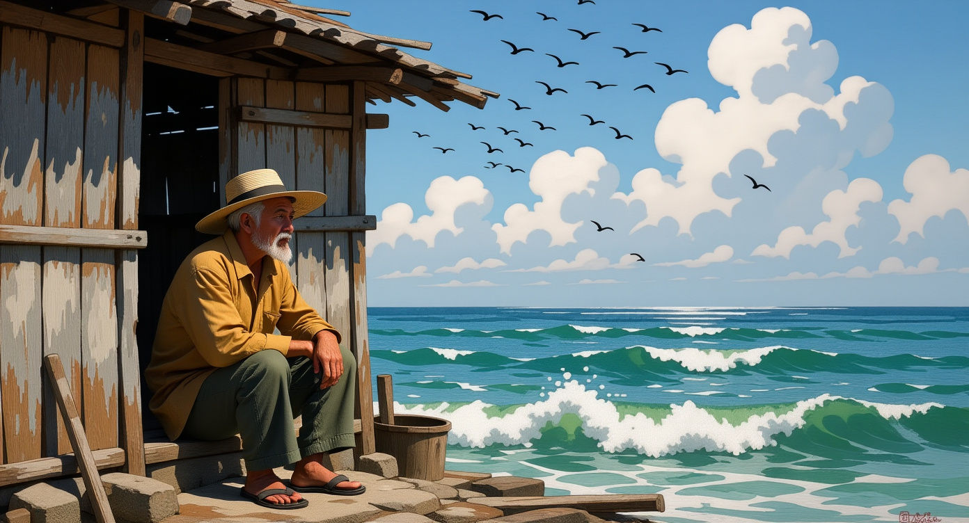 Elderly Fisherman Contemplates the Sea at His Doorway