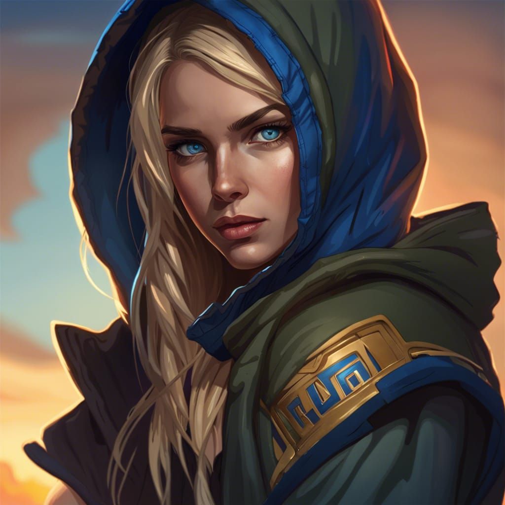 Beautiful Rogue Portrait with Blue Hood in Splash Art