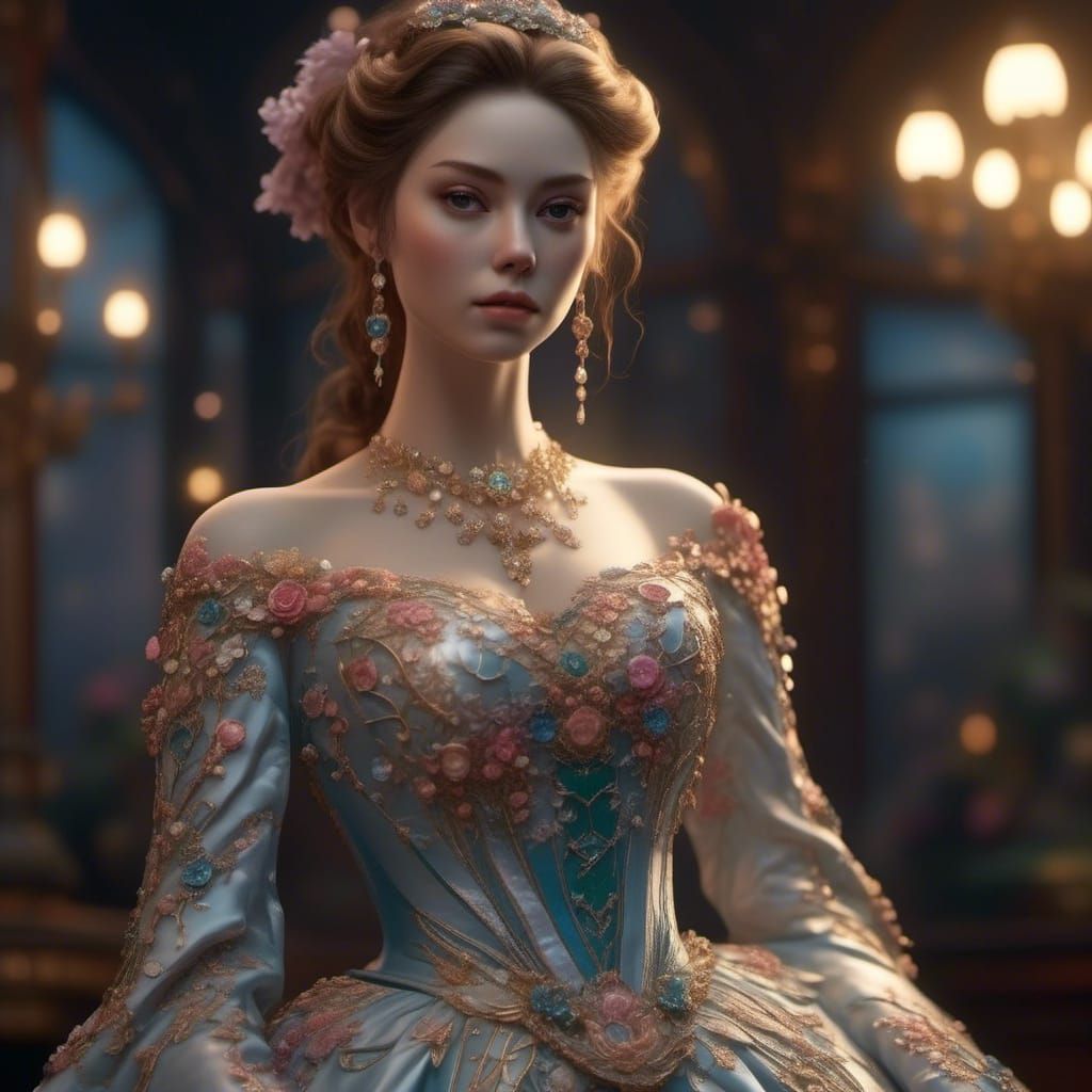 Elegant Woman in Gown: Art Nouveau Concept Art