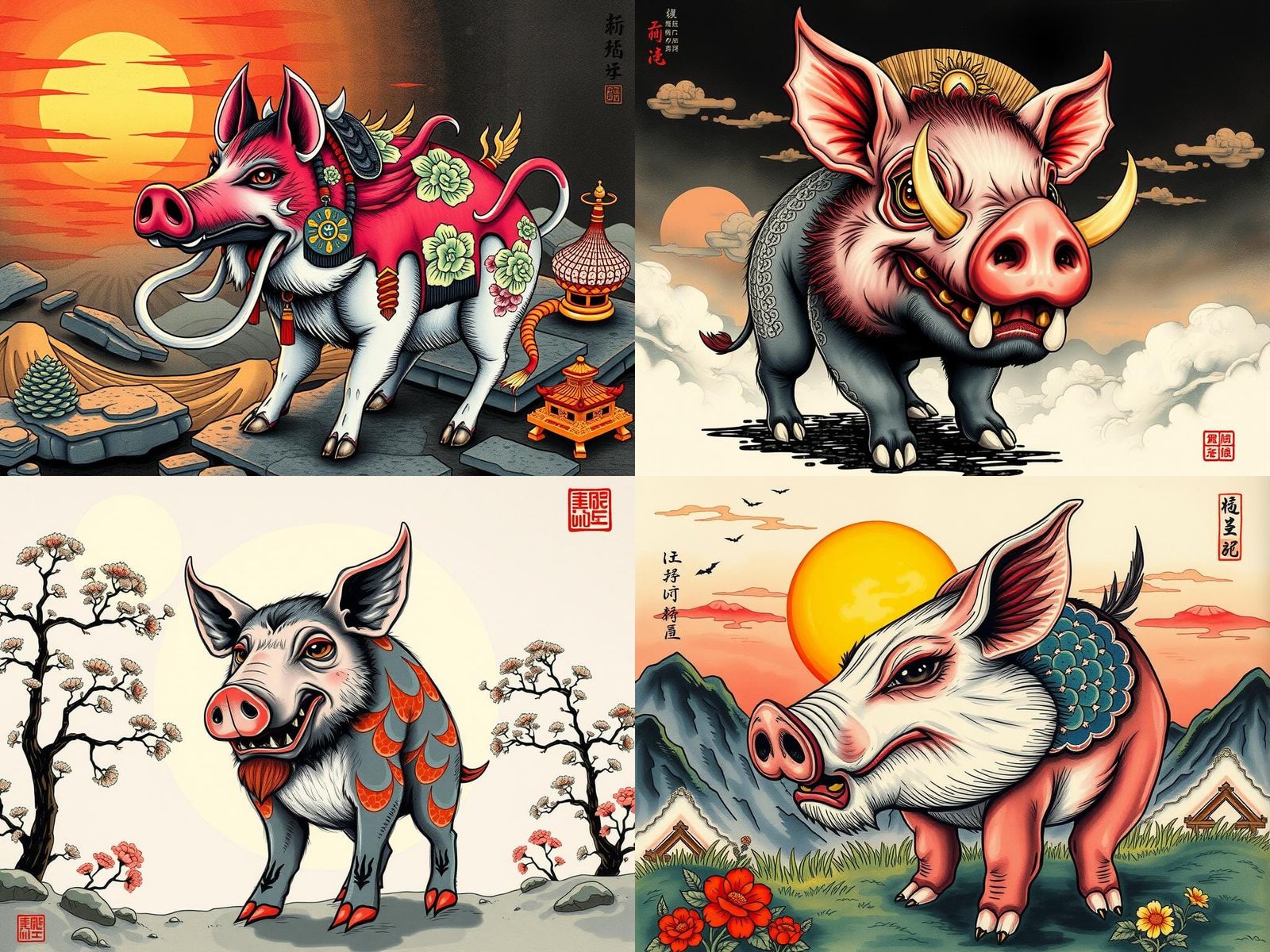 Hybrid Pig-Dog-Boar Creature in Chinese Ink Style