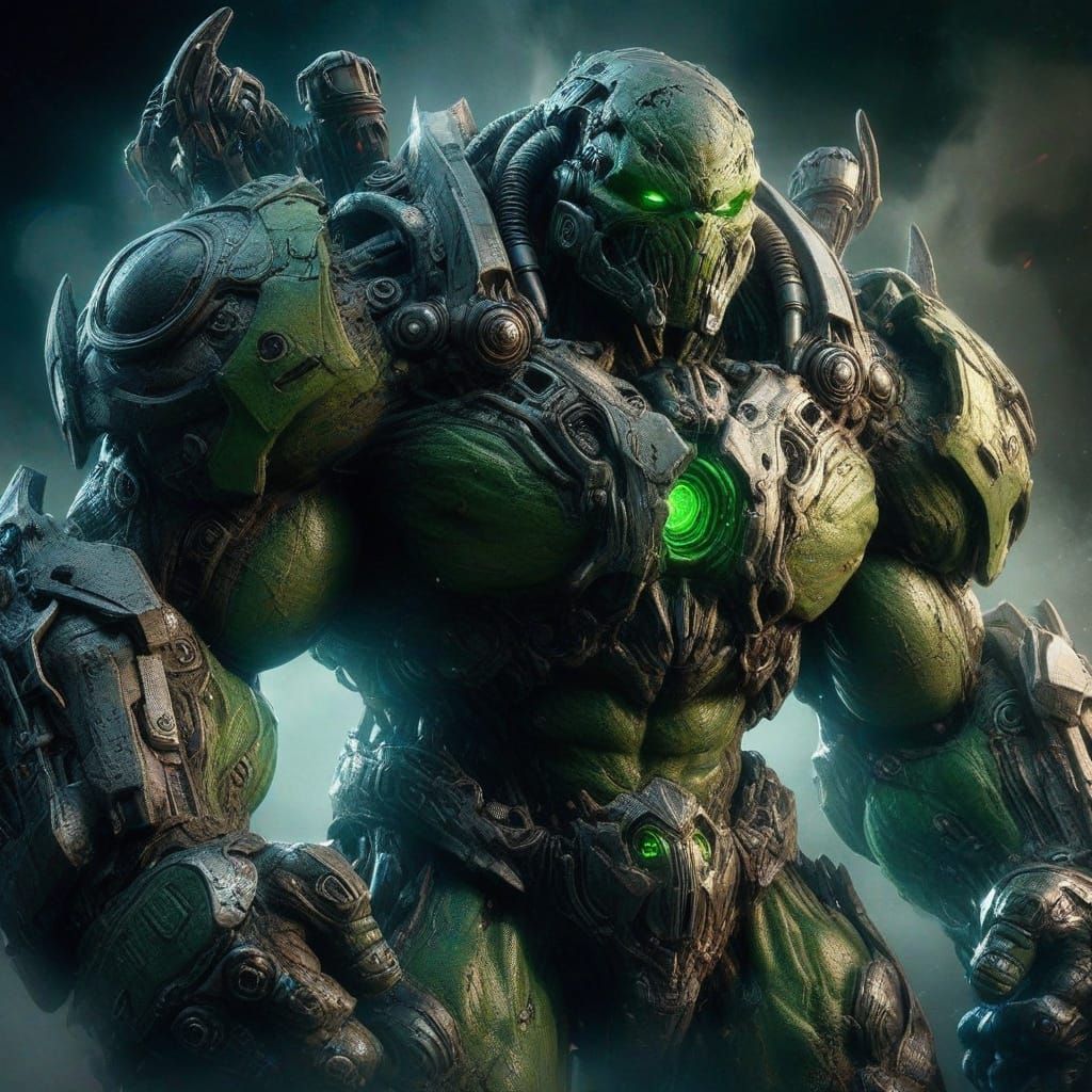 Hyperdetailed Photorealistic Hulk-Terminator in Mythic Legio...