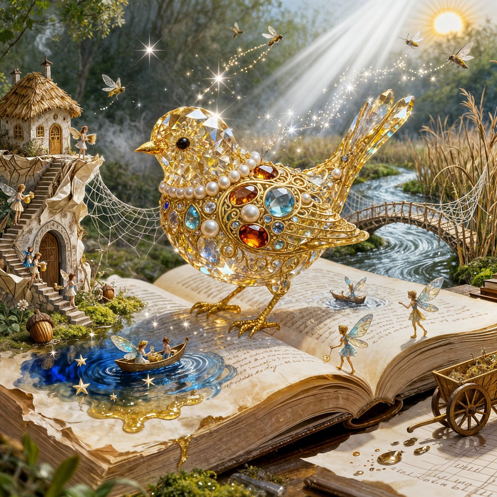 Golden Crystal Bird with Filigree and Magical Light